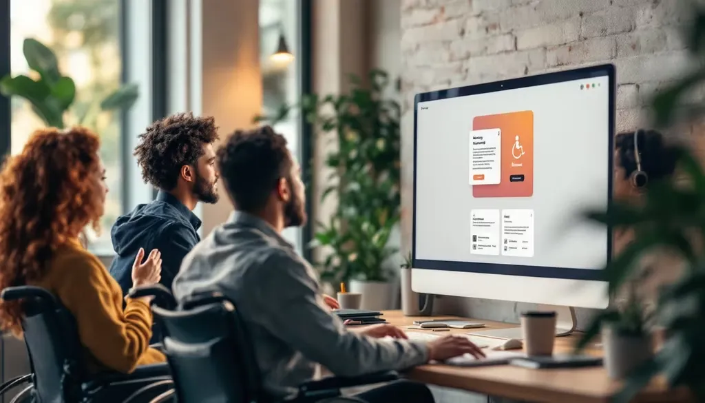 Das Bild zeigt Menschen mit Behinderung, die "Barrierefreie Webseiten" anschauen
