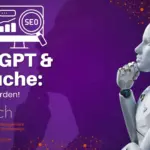 Grafik mit einem Roboter und Symbolen für KI, SEO und Datenanalyse auf lila Hintergrund.