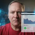 Website-Betreiber analysiert sinkenden Traffic trotz guter Google-Rankings auf Analytics-Dashboard mit KI-Technologie im Hintergrund