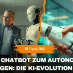 Titelbild zum Blogbeitrag KI Trends 2026: Eine zweigeteilte Grafik. Links sieht man Sven Frank, der gemeinsam mit einem weißen humanoiden Roboter auf einen Bildschirm zeigt. Rechts eine Nahaufnahme eines Handschlags zwischen einer menschlichen Hand und einer Roboterhand. Ein oranges Banner trägt die Aufschrift 'KI Trends 2026', darunter der Titel: 'Vom Chatbot zum autonomen Kollegen: Die KI-Evolution 2026'.