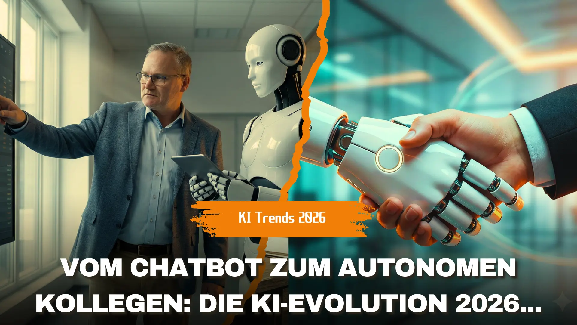 Titelbild zum Blogbeitrag KI Trends 2026: Eine zweigeteilte Grafik. Links sieht man Sven Frank, der gemeinsam mit einem weißen humanoiden Roboter auf einen Bildschirm zeigt. Rechts eine Nahaufnahme eines Handschlags zwischen einer menschlichen Hand und einer Roboterhand. Ein oranges Banner trägt die Aufschrift 'KI Trends 2026', darunter der Titel: 'Vom Chatbot zum autonomen Kollegen: Die KI-Evolution 2026'.